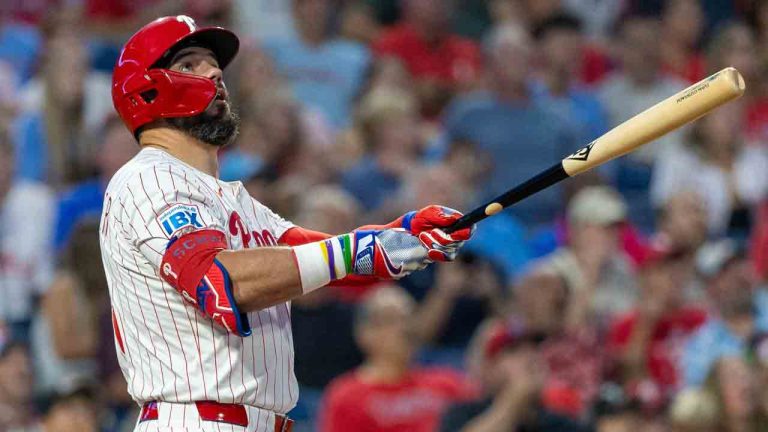 Philadelphia Phillies designated hitter Kyle Schwarber watches the ball after hitting a solo home run in the first inning of a baseball game against the Miami Marlins, Tuesday, Sept. 23, 2025, in Philadelphia. (Laurence Kesterson/AP)