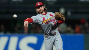 St. Louis Cardinals second baseman Brendan Donovan throws to first for an out on San Francisco Giants' Drew Gilbert during the fourth inning of a baseball game, Wednesday, Sept. 24, 2025, in San Francisco. (Godofredo A. Vásquez/AP)