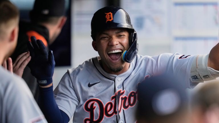 Detroit Tigers' Wenceel Perez celebrates in the dugout after hitting a home run in the first inning of a baseball game against the Cleveland Guardians in Cleveland, Thursday, Sept. 25, 2025. (Sue Ogrocki/AP)