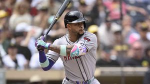 Arizona Diamondbacks' Ketel Marte bats during the first inning of a baseball game against the San Diego Padres Sunday, Sept. 28, 2025, in San Diego. (Orlando Ramirez/AP)