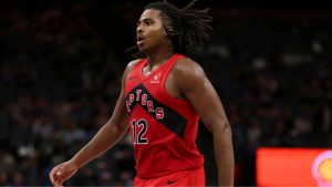 Toronto Raptors forward Collin Murray-Boyles looks on during the second half of an NBA basketball preseason game against the Sacramento Kings, Wednesday, Oct. 8, 2025, in Sacramento, Calif. (Scott Marshall/AP)