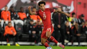 Canada's Tajon Buchanan during a friendly soccer match against Colombia in Harrison, N.J., Tuesday, Oct. 14, 2025. (Seth Wenig/AP)