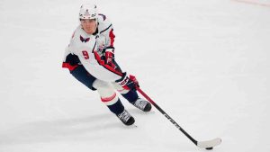 Washington Capitals' Ryan Leonard controls the puck during an NHL hockey game against the Dallas Stars Tuesday, Oct. 28, 2025, in Dallas. (Tony Gutierrez/AP)