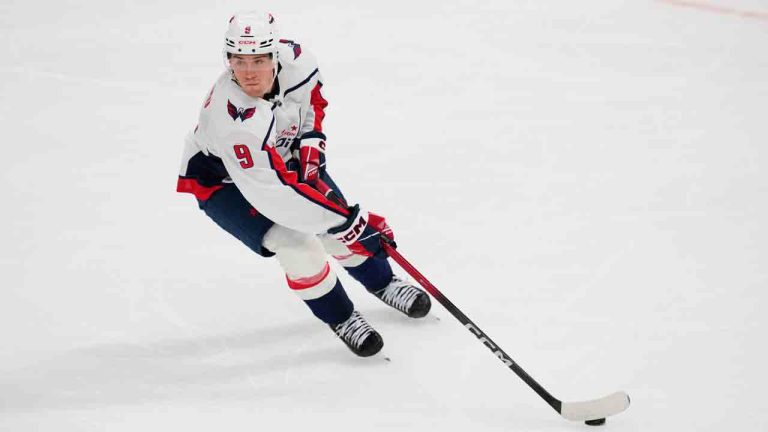 Washington Capitals' Ryan Leonard controls the puck during an NHL hockey game against the Dallas Stars Tuesday, Oct. 28, 2025, in Dallas. (Tony Gutierrez/AP)