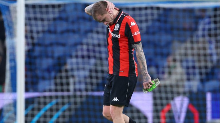 Nice's Melvin Bard reacts at the the end of the Europa League opening phase soccer match between FC Porto and Nice in Porto, Portugal, Thursday, Nov. 27, 2025. (Luis Vieira/AP)