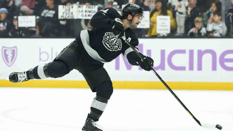 Los Angeles Kings center Phillip Danault warms up before an NHL hockey game against the Vancouver Canucks, Saturday, Nov. 29, 2025, in Los Angeles. (Jessie Alcheh/AP)