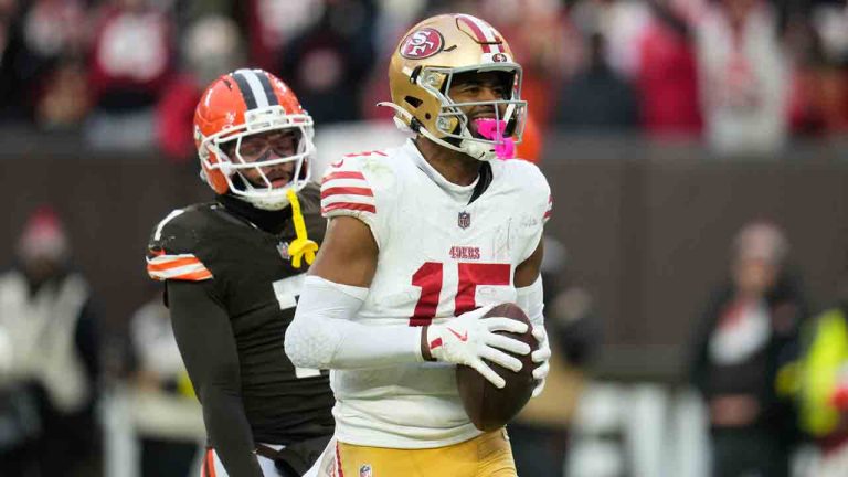 San Francisco 49ers wide receiver Jauan Jennings (15) celebrates after scoring against the Cleveland Browns during the second half of an NFL football game, Sunday, Nov. 30, 2025, in Cleveland. (Sue Ogrocki/AP)