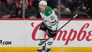 Dallas Stars' Jason Robertson reacts after scoring during the second period of an NHL hockey game against the New Jersey Devils in Newark, N.J., Wednesday, Dec. 3, 2025. (Seth Wenig/AP)