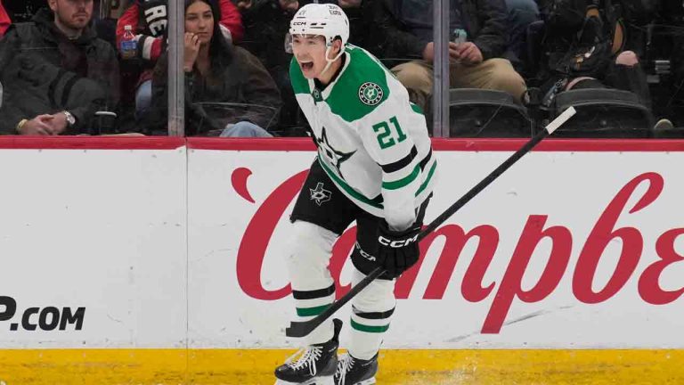 Dallas Stars' Jason Robertson reacts after scoring during the second period of an NHL hockey game against the New Jersey Devils in Newark, N.J., Wednesday, Dec. 3, 2025. (Seth Wenig/AP)