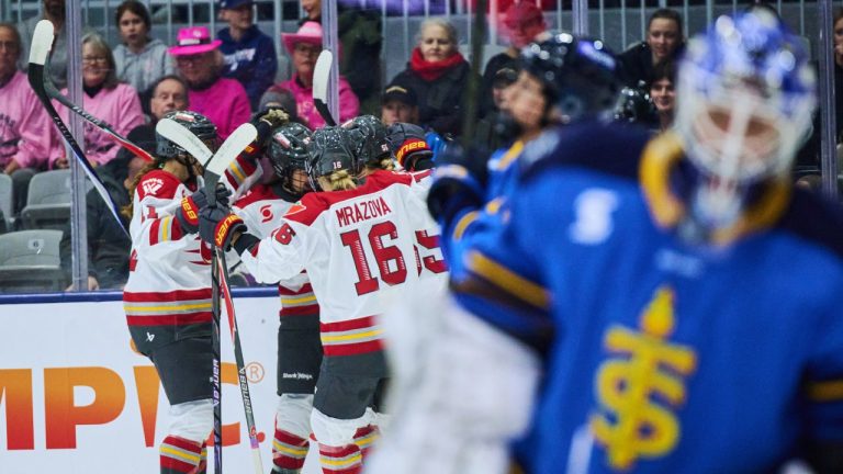 Ottawa Charge's Fanuza Kadirova (hidden) celebrates her goal against the Toronto Sceptres with teammates during first period PWHL hockey action in Toronto, on Thursday, Dec. 4, 2025. THE CANADIAN PRESS/Sammy Kogan