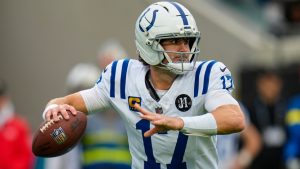Indianapolis Colts quarterback Daniel Jones (17) throws against the Jacksonville Jaguars during the first half of an NFL game, Sunday, Dec. 7, 2025, in Jacksonville, Fla. (John Raoux/AP)