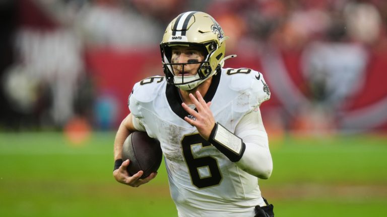 New Orleans Saints quarterback Tyler Shough carries for a touchdown against the Tampa Bay Buccaneers in the second half of an NFL game, Sunday, Dec. 7, 2025, in Tampa, Fla. (Chris O'Meara/AP)