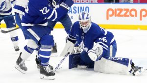Toronto Maple Leafs goaltender Dennis Hildeby makes a save during NHL action in Toronto, Monday, Dec. 8, 2025. (Chris Young/CP)