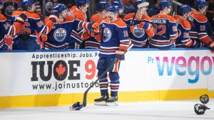 Edmonton Oilers' Zach Hyman celebrates a hat trick against the Detroit Red Wings during third period NHL action, in Edmonton on Thursday, December 11, 2025. (Jason Franson/CP)