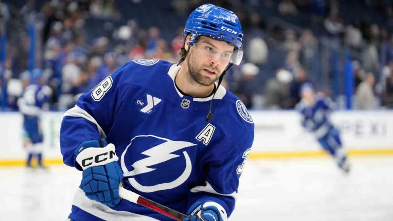Tampa Bay Lightning left wing Brandon Hagel (38) before an NHL hockey game against the Florida Panthers Monday, Dec. 15, 2025, in Tampa, Fla. (Chris O'Meara/AP)