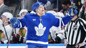 Toronto Maple Leafs forward Dakota Joshua (81) celebrates his go-ahead goal during third period NHL hockey action against the Chicago Blackhawks, in Toronto, Tuesday, Dec. 16, 2025. (Nathan Denette/CP)