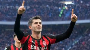 AC Milan's Christian Pulisic celebrates after scoring his side's first goal during a Serie A match between AC Milan and Hellas Verona, in Milan, Italy, Sunday, Dec. 28, 2025. (Luca Bruno/AP)
