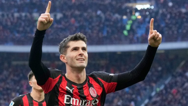 AC Milan's Christian Pulisic celebrates after scoring his side's first goal during a Serie A match between AC Milan and Hellas Verona, in Milan, Italy, Sunday, Dec. 28, 2025. (Luca Bruno/AP)