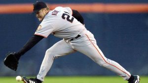 San Francisco Giants second baseman Jeff Kent stretches out trying to field a single up the middle by San Diego Padres' Bubba Trammell in the second inning of their game Tuesday June 4, 2002 in San Diego. (Denis Poroy/AP)