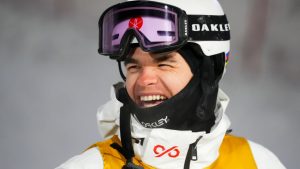 Canada's Mikael Kingsbury laughs after winning the men's World Cup freestyle skiing dual moguls in Saint-Come, Que., Saturday, Feb. 1, 2025. (Sean Kilpatrick/CP)