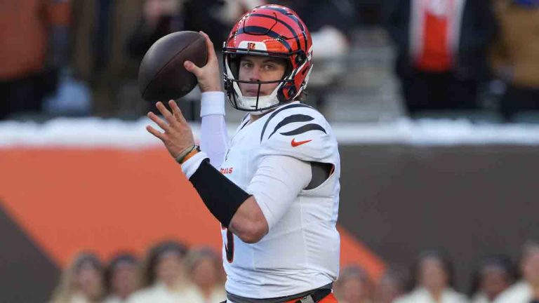 Cincinnati Bengals quarterback Joe Burrow (9) throws during an NFL football game against the Baltimore Ravens, Sunday, Dec. 14, 2025, in Cincinnati. (Kareem Elgazzar/AP)