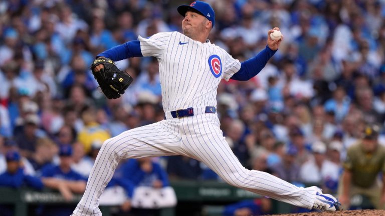 Chicago Cubs' Caleb Thielbar throws during the fifth inning of Game 3 of a National League wild card baseball game against the San Diego Padres, Oct. 2, 2025, in Chicago. (Nam Huh/AP)