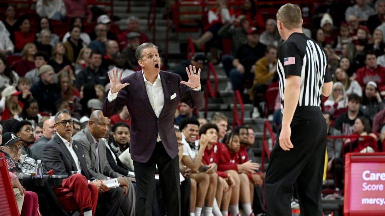 Arkansas coach John Calipari argues a call with the official during an NCAA college basketball game against James Madison Monday, Dec. 29, 2025, in Fayetteville, Ark. (Michael Woods/AP)