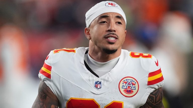 Kansas City Chiefs wide receiver Nikko Remigio (81) in the second half of an NFL football game Sunday, Nov. 16, 2025, in Denver. (AP Photo/David Zalubowski)