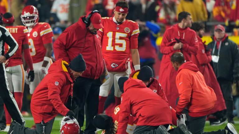 Kansas City Chiefs offensive lineman Wanya Morris is assisted after being injured during the first half of an NFL football game against the Houston Texans Sunday, Dec. 7, 2025, in Kansas City, Mo. (Charlie Riedel/AP)