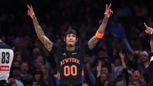 New York Knicks' Jordan Clarkson gestures after scoring a three-point basket during the first half of an NBA game against the Utah Jazz, Friday, Dec. 5, 2025, in New York. (AP/Heather Khalifa)
