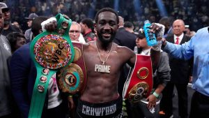 Terence Crawford celebrates his defeat of Errol Spence Jr. after their undisputed welterweight championship boxing match, Saturday, July 29, 2023, in Las Vegas. (John Locher/AP)
