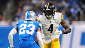 Pittsburgh Steelers' DK Metcalf, right, plays against Detroit Lions' Rock Ya-Sin during the second half of an NFL football game, Sunday, Dec. 21, 2025, in Detroit. (Ryan Sun/AP)