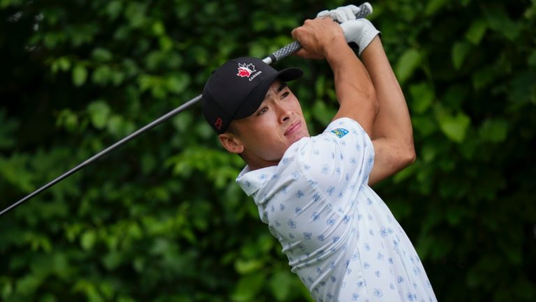 Canadian A.J. Ewart hits his tee shot the 14th hole during round one of the Canadian Open at St. George's Golf and Country Club in Toronto on Thursday, June 9, 2022. (CP/Nathan Denette)