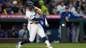 Seattle Mariners' Harry Ford hits a single for his first major league hit during the second inning of a baseball game against the Los Angeles Dodgers, Saturday, Sept. 27, 2025, in Seattle. (Ryan Sun/AP)