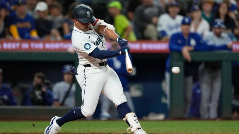 Seattle Mariners' Harry Ford hits a single for his first major league hit during the second inning of a baseball game against the Los Angeles Dodgers, Saturday, Sept. 27, 2025, in Seattle. (Ryan Sun/AP)