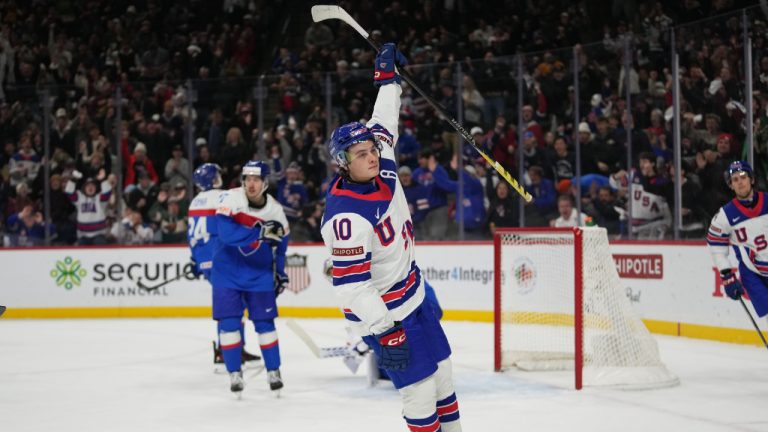 United States forward James Hagens (10) celebrates after scoring during the second period of an IIHF World Junior Hockey championship game against Slovakia, Monday, Dec. 29, 2025, in St. Paul, Minn. (Abbie Parr/AP)
