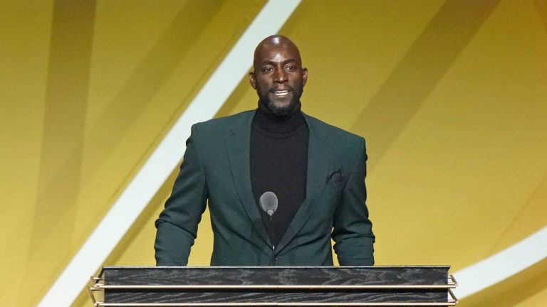 FILE - Kevin Garnett speaks as he is enshrined in the 2020 class of the Basketball Hall of Fame, Saturday, May 15, 2021, in Uncasville, Conn. (Kathy Willens/AP)