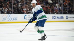 Vancouver Canucks left wing Kiefer Sherwood skates during an NHL game against the Anaheim Ducks, Wednesday, Nov. 26, 2025, in Anaheim, Calif. (AP/Kyusung Gong)