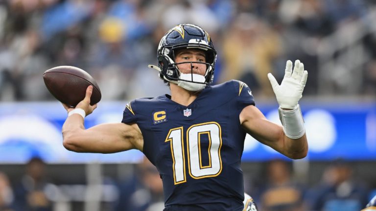 Los Angeles Chargers quarterback Justin Herbert (10) passes the ball during the first half of an NFL football game against the Las Vegas Raiders, Sunday, Nov. 30, 2025, in Inglewood, Calif. (William Liang/AP)