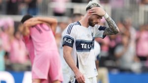 Vancouver Whitecaps defender Tristan Blackmon (33) reacts at the end of the MLS Cup final soccer match against the Inter Miami Saturday, Dec. 6, 2025, in Fort Lauderdale, Fla. (AP Photo/Rebecca Blackwell)