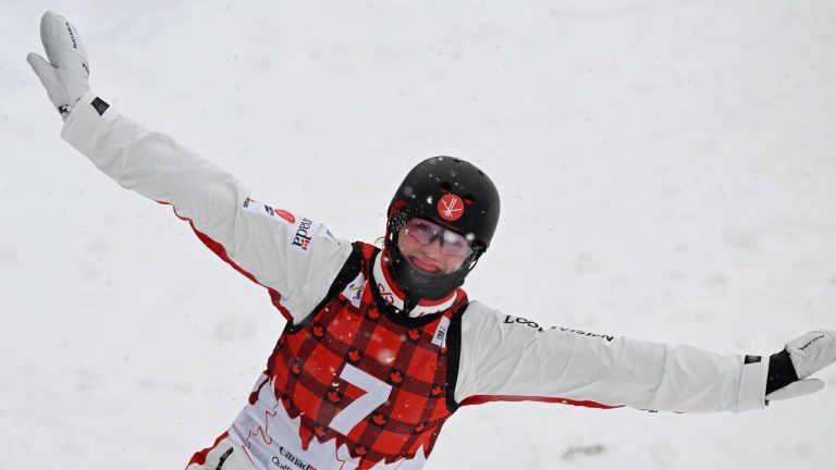 Marion Thenault, of Sherbrooke Que., reacts after landing a jump in the final 12 women finale on Sunday, January 26, 2025 at the FIS freestyle world cup aerials in Lac-Beauport, Quebec. Thenault placed sixth and top Canadian in the final six. (Jacques Boissinot/CP)