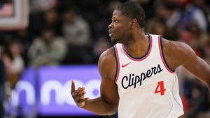 Los Angeles Clippers centre Mo Bamba reacts after a three-point basket during the first half of an NBA basketball game against the Washington Wizards, Thursday, Jan. 23, 2025, in Inglewood, Calif. (William Liang/AP)