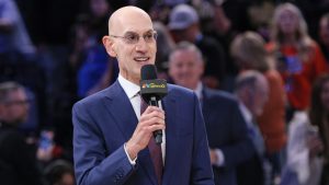 NBA commissioner Adam Silver speaks during a ceremony before an NBA basketball game between the Houston Rockets and Oklahoma City Thunder, Tuesday, Oct. 21, 2025, in Oklahoma City. (Nate Billings/AP)