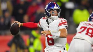 New York Giants quarterback Jaxson Dart passes against the New England Patriots during the first half of an NFL football game, Monday, Dec. 1, 2025, in Foxborough, Mass. (Steven Senne/AP)