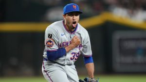 New York Mets pitcher Edwin Díaz celebrates the final out against the Arizona Diamondbacks during the ninth inning of a baseball game Monday, May 5, 2025, in Phoenix. (Ross D. Franklin/AP)