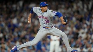 New York Mets pitcher Edwin Díaz works during the fourth inning in Game 6 of a baseball NL Championship Series against the Los Angeles Dodgers, Sunday, Oct. 20, 2024, in Los Angeles.(Ashley Landis/AP)