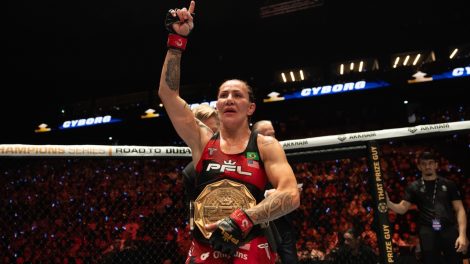 Cris-Cyborg-celebrates-after-winning-the-inaugural-PFL-women’s-featherweight-title