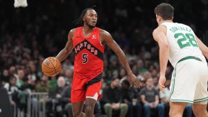 Toronto Raptors guard Immanuel Quickley (5) during a pre-season NBA basketball game, Wednesday, Oct. 15, 2025, in Boston. (Charles Krupa/AP)