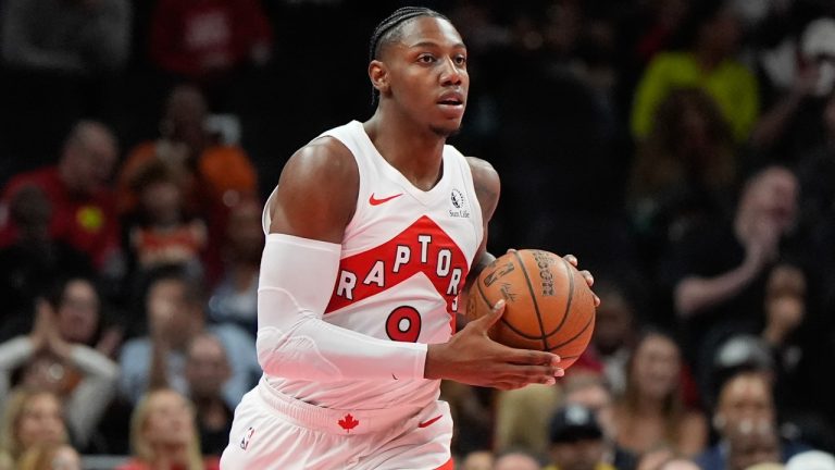 Toronto Raptors forward RJ Barrett (9) moves the ball against the Atlanta Hawks during the second half of an NBA Cup basketball game, Friday, Nov. 7, 2025, in Atlanta. (AP Photo/Mike Stewart)