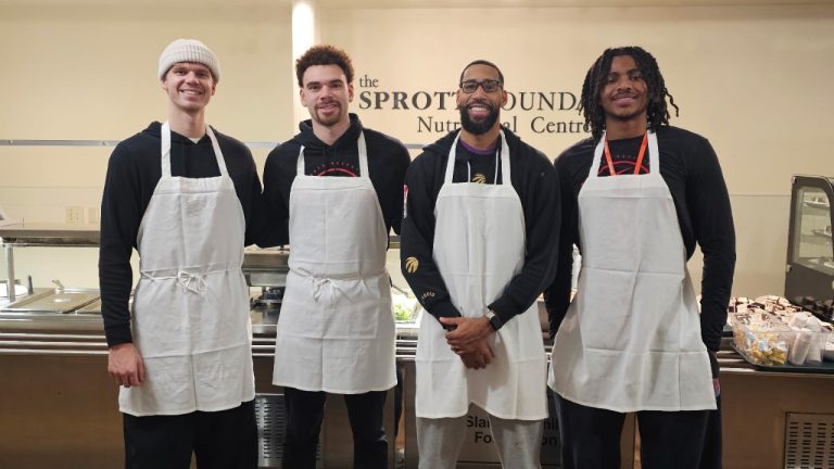 (Left to right), Gradey Dick, Jamison Battle, Garrett Temple and Collin Murray-Boyles of the Toronto Raptors. Dec. 19, 2025. (Courtesy of Covenant House)